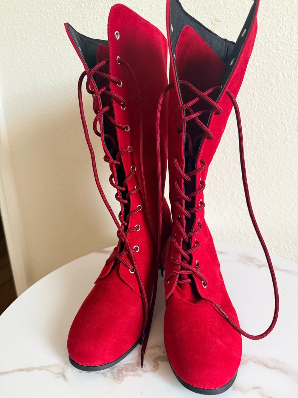 Red Lace-Up Suede Knee-High Boots - Women
